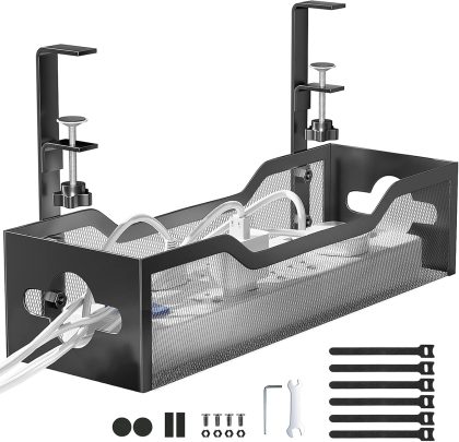 No Drill Metal Mesh Under Desk Cable Tray with Clamp Mount