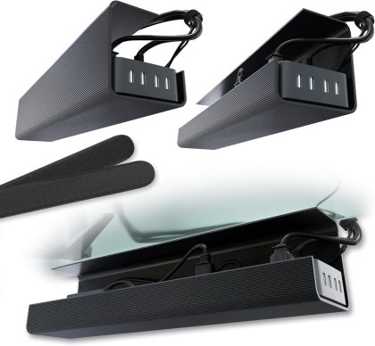 No-Screw Under Desk Cable Tray, 2-Pack Black