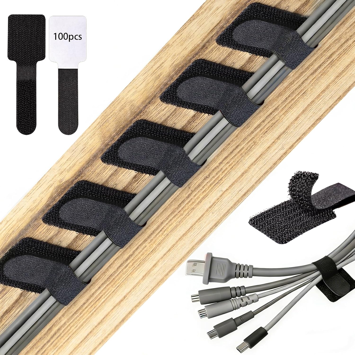 100Pcs Black Adjustable Hook Loop Cable Ties